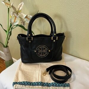 TORY BURCH Amanda Mini Satchel Black Pebbled Leather/Gold Logo Crossbody Bag